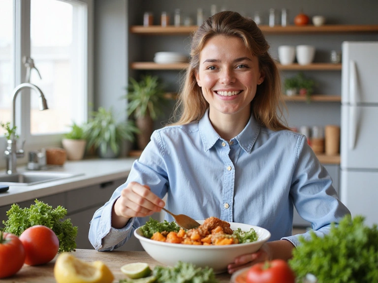 A person enjoying a healthy meal with fresh ingredients, showing vitality and wellness