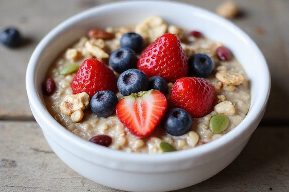 A close-up of a bowl of overnight oats topped with fresh berries, nuts, and seeds, illustrating a healthy and easy breakfast option.