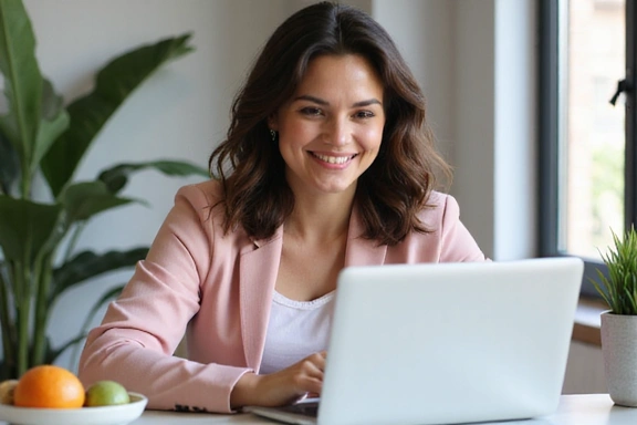 A professional woman confidently using a laptop for an online consultation, with a plant and healthy food in the background.