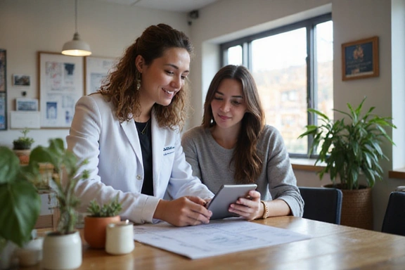 Nutritionist consulting a client one-on-one, reviewing a personalized health plan